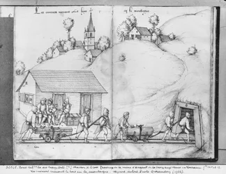 Silver mine of La Croix-aux-Mines, Lorraine, fol.11v and fol.12r, miners bringing wood into the mine, c.1530